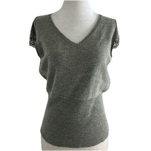 Acrobat Beaded Cap Sleeve Silk Cashmere V Neck Knit Top Gray Small Fairy Glam